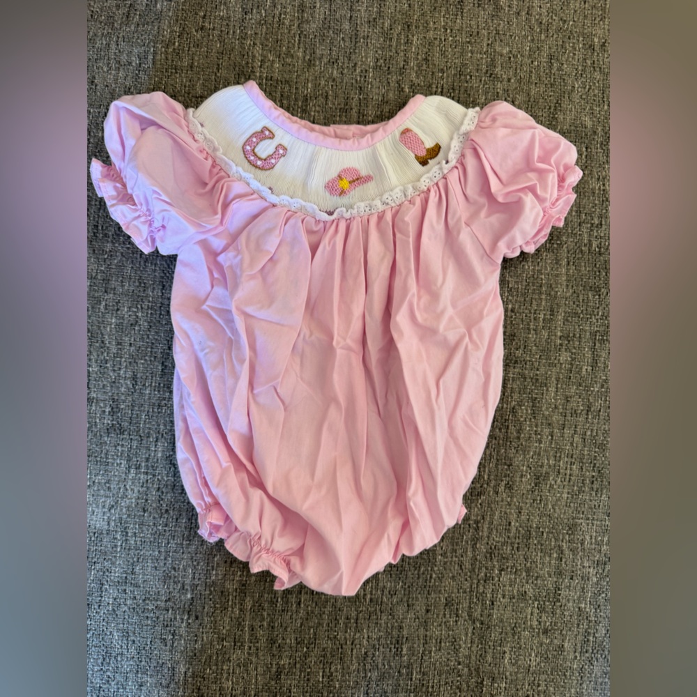 Lullaby & Lilah Pink Smocked Equestrian Bubble Romper 6M